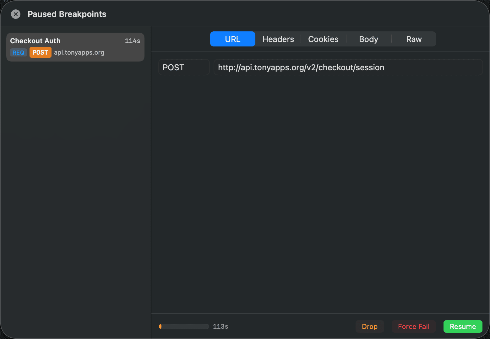 TonyProxy paused breakpoint on a POST request, with Resume and Abort actions