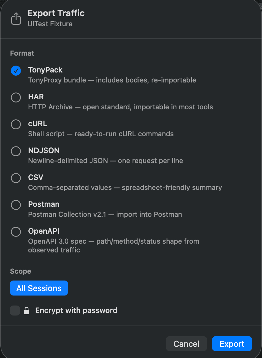 TonyProxy export dialog with HAR, cURL, NDJSON, TonyPack, CSV, Postman, and OpenAPI formats