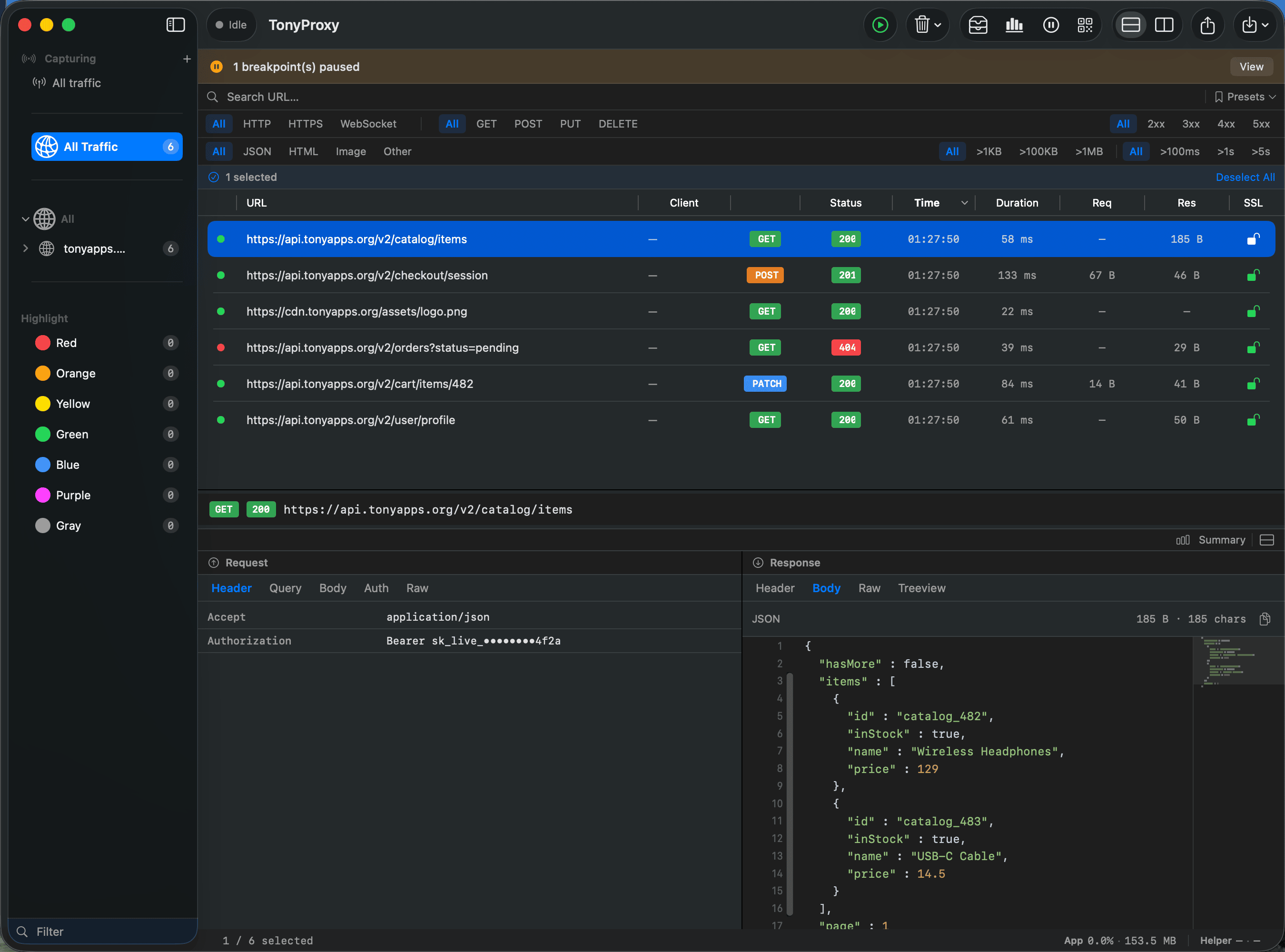 TonyProxy main window showing captured traffic and a JSON response body
