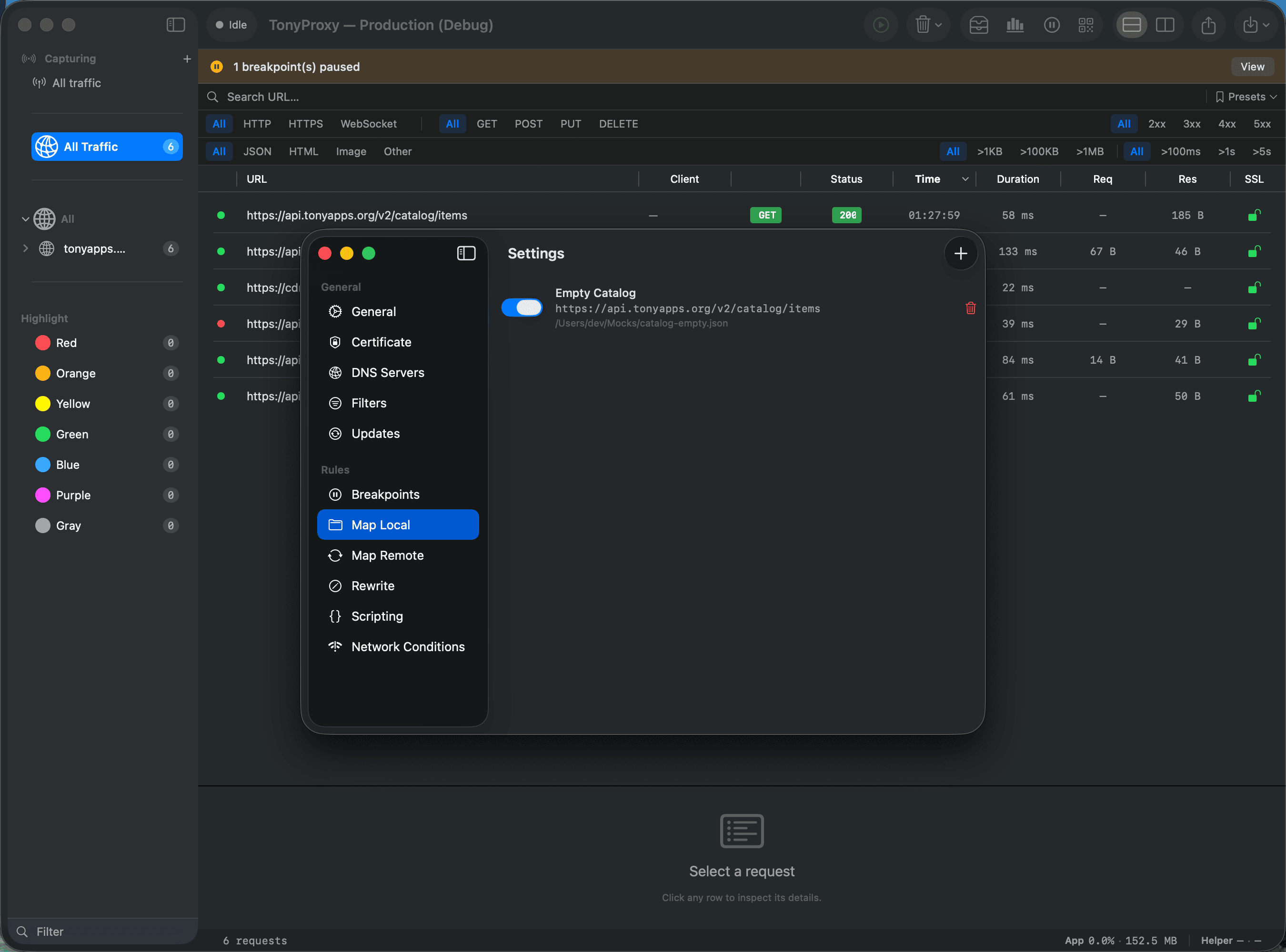 TonyProxy Map Local settings mapping a request to a local file