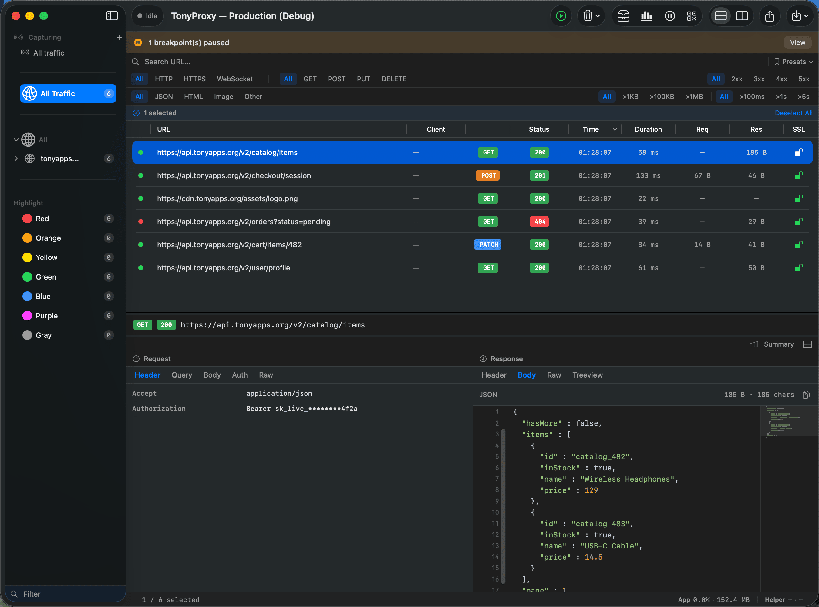 TonyProxy request and response detail panel with headers and JSON body