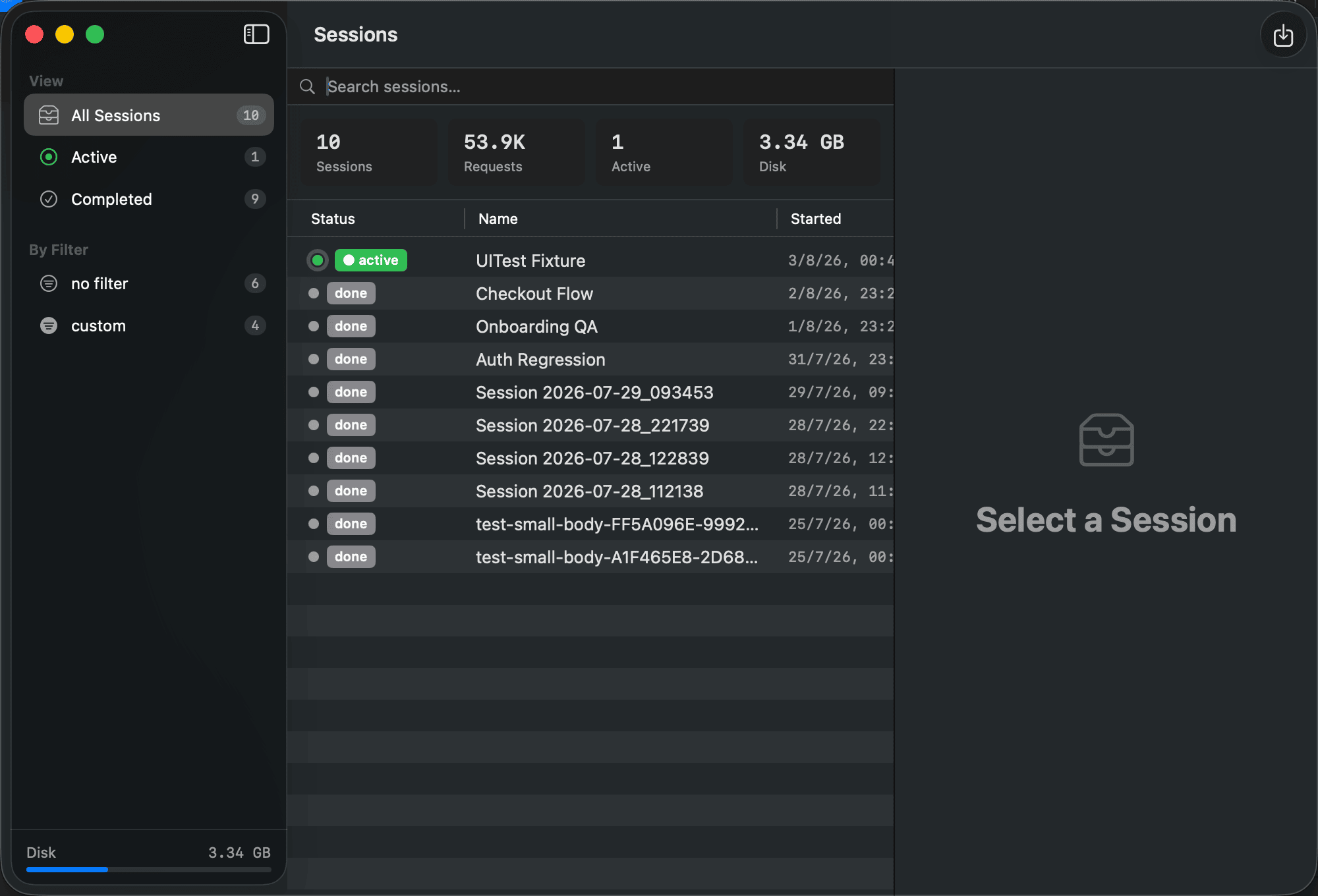 TonyProxy Session Manager listing active and completed capture sessions