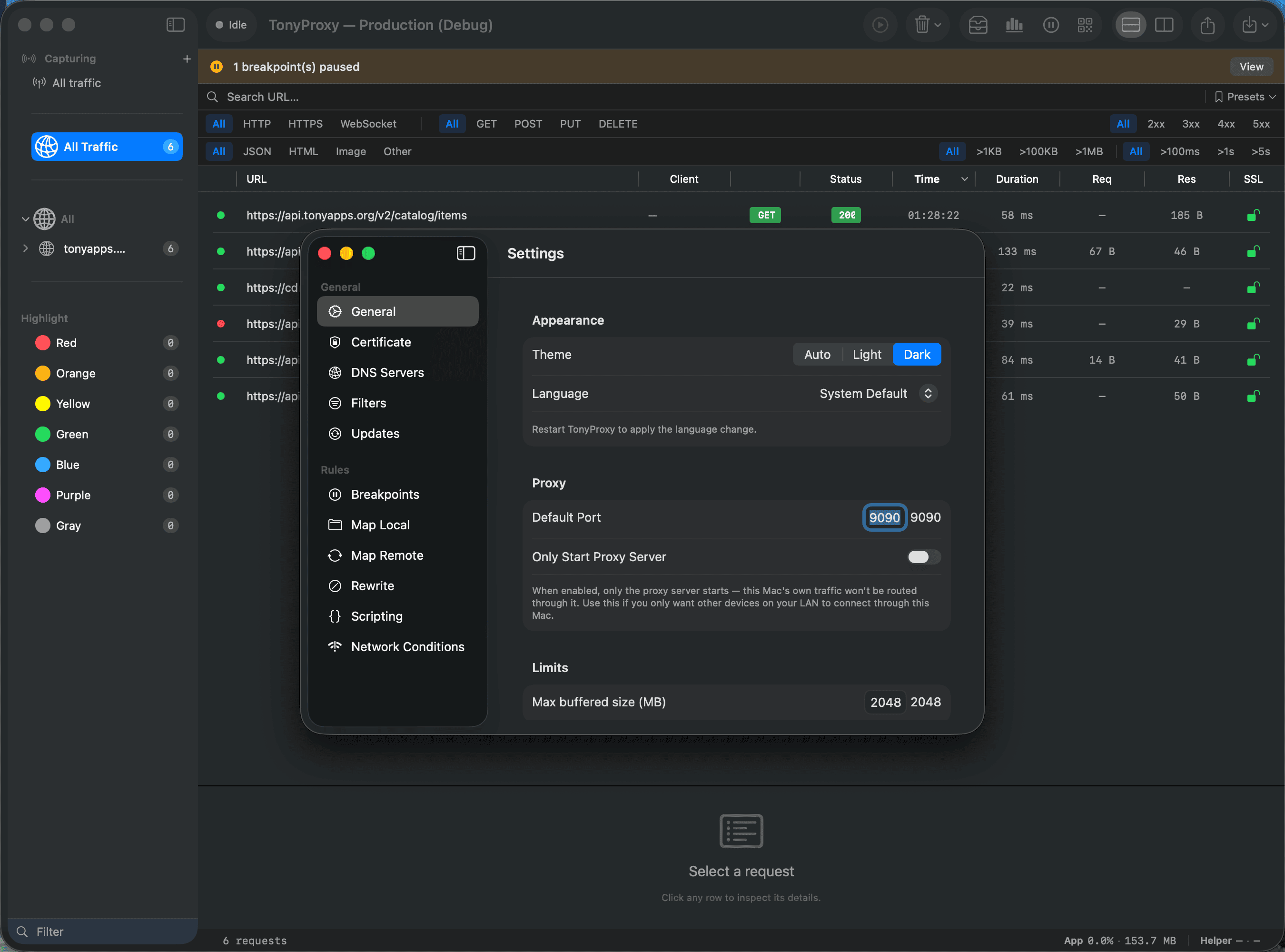 TonyProxy Settings window with general, proxy, and HTTPS decoding options